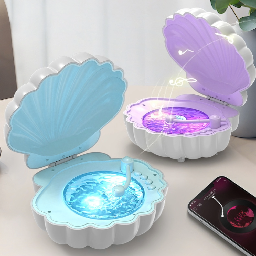 Shell Bluetooth Speaker with LED Lights - Portable Wireless Ocean Wave Projector - Aesthetic Night Light with Music for Bedroom Decor