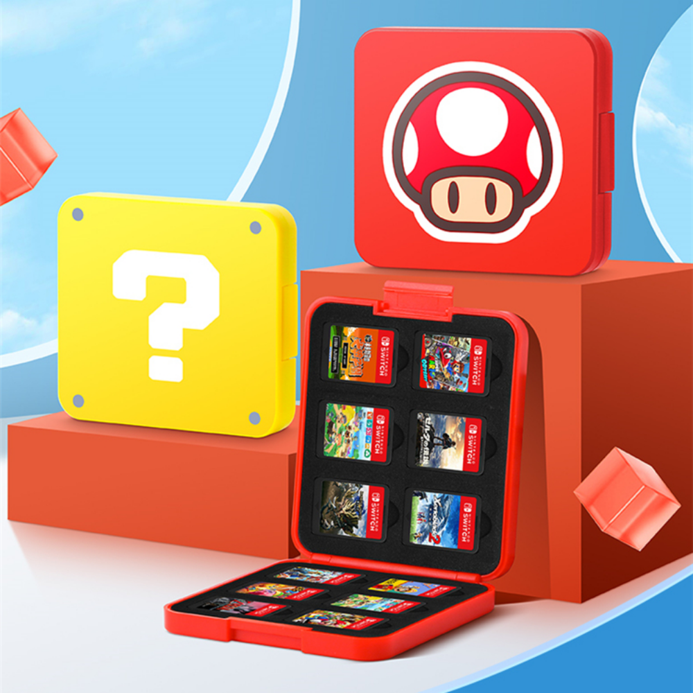 Kawaii Mario Switch Game Card Case - Cute Magnetic Storage Holder for Nintendo Switch Cartridges - Aesthetic Portable Organizer 12/24/48 Slots - Question Block Mushroom M Logo Design for Gamer Girls