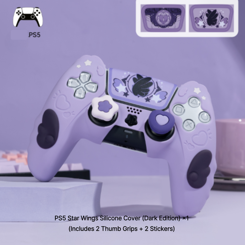 Kawaii Star Wings Silicone Controller Cover for PS5 Xbox Switch Pro - Cute Pastel Gaming Accessories with Thumb Grips & Stickers