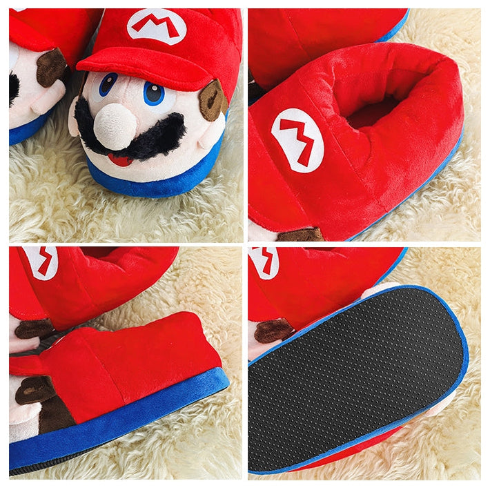 Kawaii Mario Face Slippers - Cute Character Plush House Shoes Red or Green - Cozy Winter Cotton Slippers for Gaming Room - Aesthetic Couple Bedroom Slippers for Gamer Girls