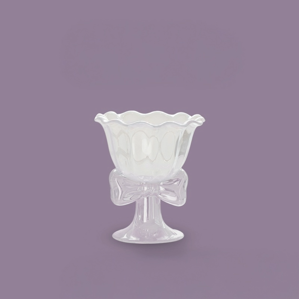 Vintage Bow Dessert Cup - Glass Pedestal Ice Cream Bowl - Elegant Ceramic Sundae Cup with Ribbon Stand
