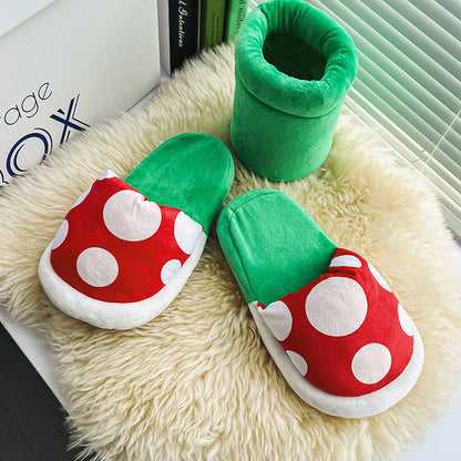 Kawaii Mario Mushroom Slippers with Pipe Holder Set - Cute Red Spotted Plush House Shoes - Cozy Warp Pipe Storage Stand for Gaming Room - Aesthetic Bedroom Slippers for Gamer Girls