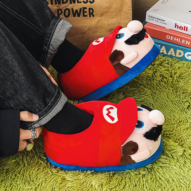 Kawaii Mario Face Slippers - Cute Character Plush House Shoes Red or Green - Cozy Winter Cotton Slippers for Gaming Room - Aesthetic Couple Bedroom Slippers for Gamer Girls