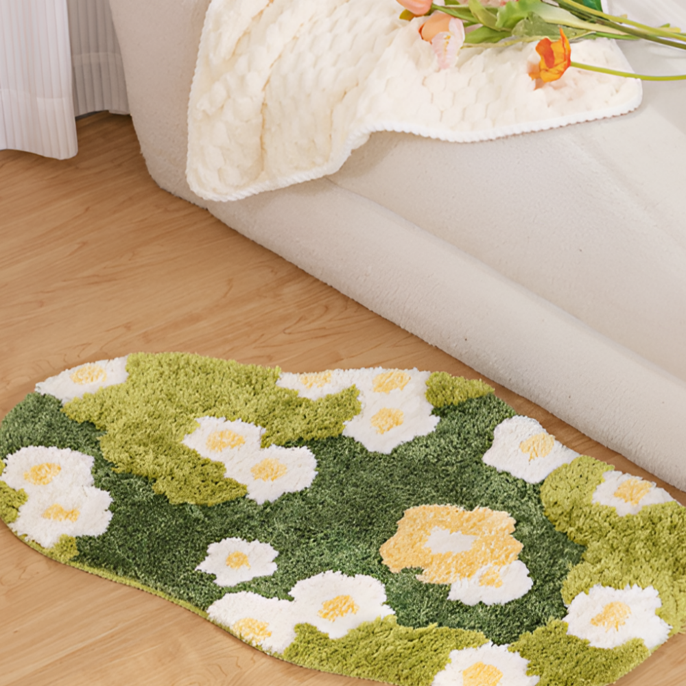 Moss Green Floral Plush Rug  Cozy Round/Freeform Carpet for Living Room, Bedroom & Balcony