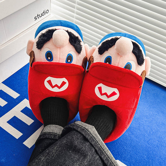 Kawaii Mario Face Slippers - Cute Character Plush House Shoes Red or Green - Cozy Winter Cotton Slippers for Gaming Room - Aesthetic Couple Bedroom Slippers for Gamer Girls