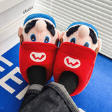 Kawaii Mario Face Slippers - Cute Character Plush House Shoes Red or Green - Cozy Winter Cotton Slippers for Gaming Room - Aesthetic Couple Bedroom Slippers for Gamer Girls