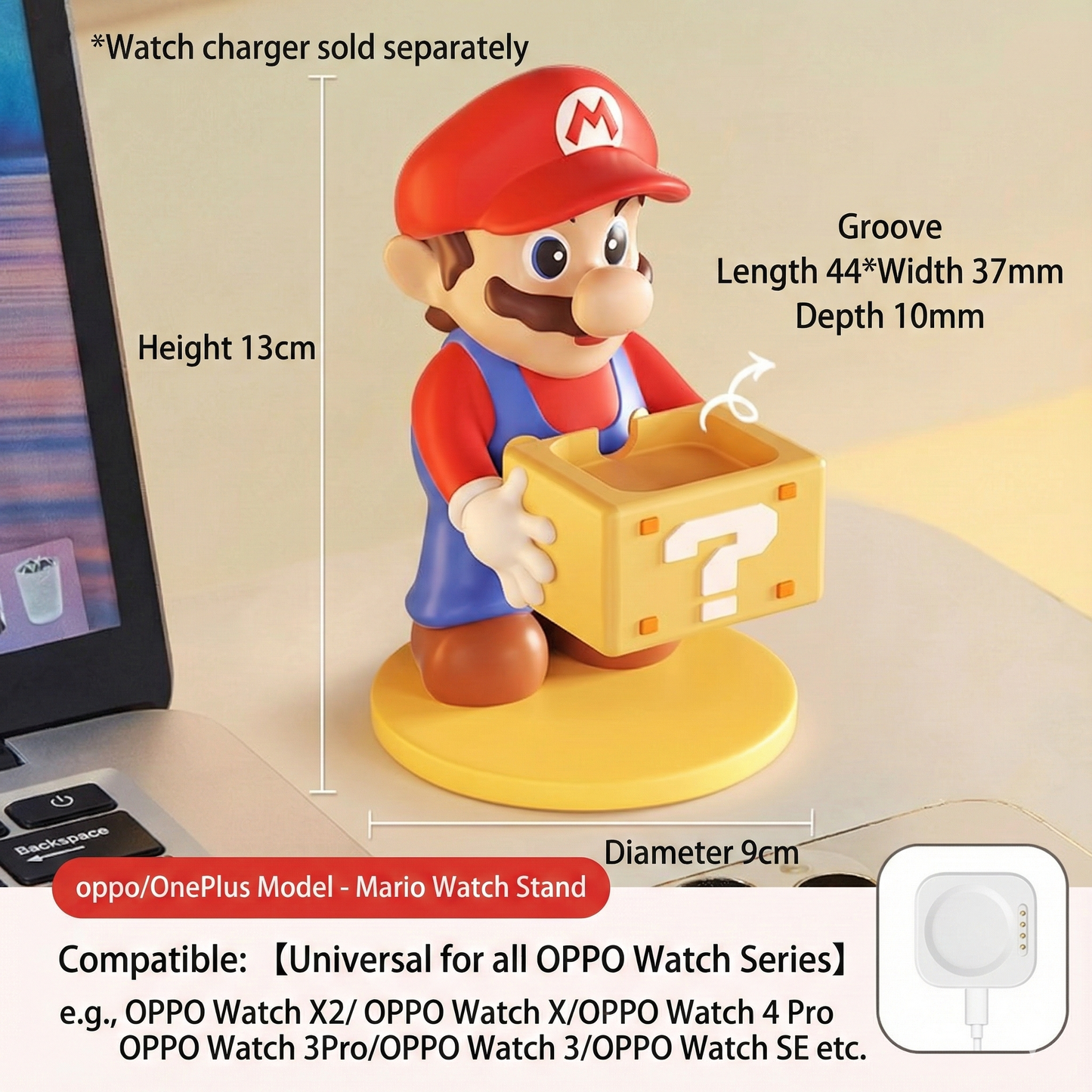Kawaii Mario Watch Charging Stand - Cute Gaming Character Smartwatch Holder for Apple Watch Desk Organizer - Aesthetic Question Block Display Stand for Gamer Girls