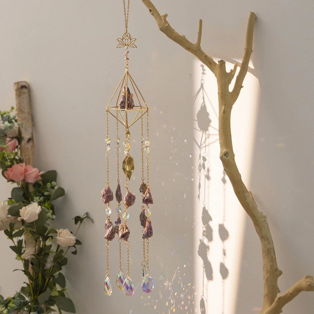 Crystal Moon Dreamcatcher Wind Chime - Kawaii Crescent Sun Catcher with Natural Stone Agate - Boho Wall Hanging for Gaming Room Bedroom - Aesthetic Window Decor for Gamer Girls