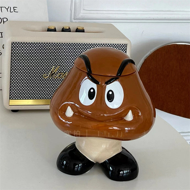 Kawaii Mario Ceramic Storage Jar - Cute Character Face Cookie Container with Lid - Aesthetic Gaming Decor Organizer for Desk - Nostalgic Collectible Jar for Gamer Girls