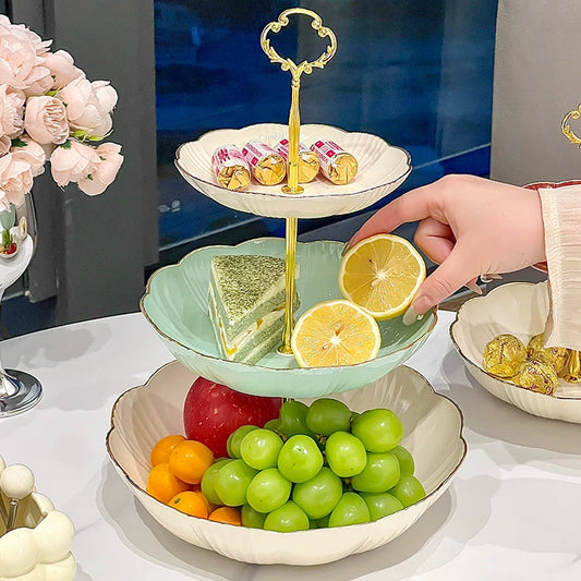Kawaii Pink Gold Two-Tier Cake Stand - Cute Multi-Layer Dessert Plate with Gold Handle - Aesthetic Fruit Snack Display Tray for Wedding Birthday Party - High-End Candy Holder for Gamer Girls