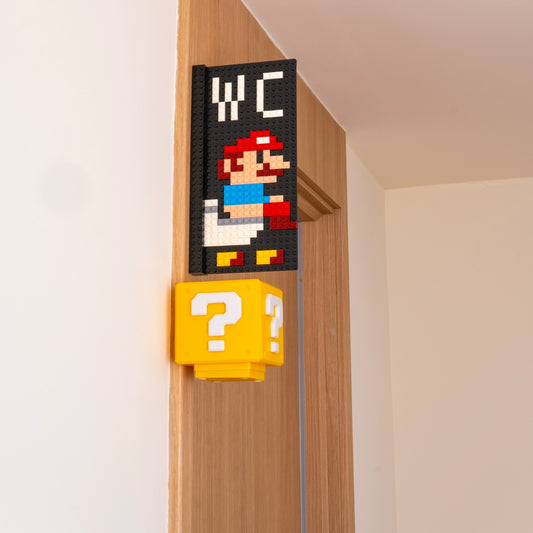 Kawaii Mario Modular Door Sign - Cute DIY Building Block Style WC Bathroom Sign with LED Light - Aesthetic Stackable Room Number Plate Decoration - Customizable Gaming Door Decor for Gamer Girls