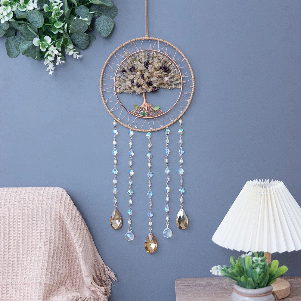 Crystal Moon Dreamcatcher Wind Chime - Kawaii Crescent Sun Catcher with Natural Stone Agate - Boho Wall Hanging for Gaming Room Bedroom - Aesthetic Window Decor for Gamer Girls