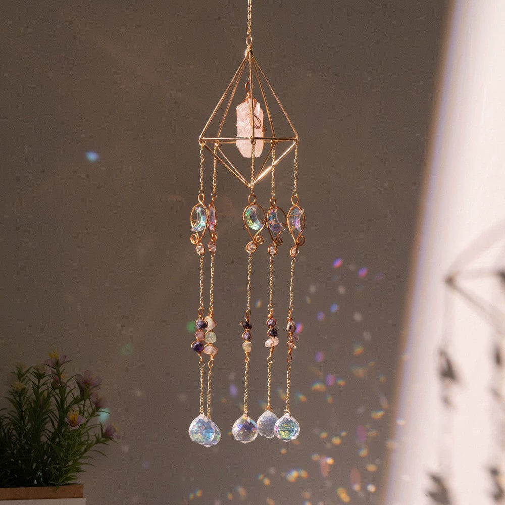 Crystal Moon Dreamcatcher Wind Chime - Kawaii Crescent Sun Catcher with Natural Stone Agate - Boho Wall Hanging for Gaming Room Bedroom - Aesthetic Window Decor for Gamer Girls