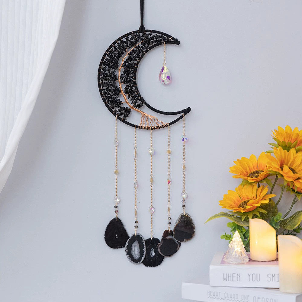 Crystal Moon Dreamcatcher Wind Chime - Kawaii Crescent Sun Catcher with Natural Stone Agate - Boho Wall Hanging for Gaming Room Bedroom - Aesthetic Window Decor for Gamer Girls