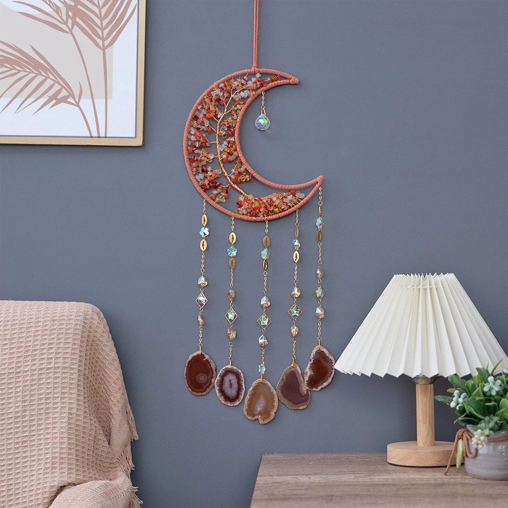 Crystal Moon Dreamcatcher Wind Chime - Kawaii Crescent Sun Catcher with Natural Stone Agate - Boho Wall Hanging for Gaming Room Bedroom - Aesthetic Window Decor for Gamer Girls
