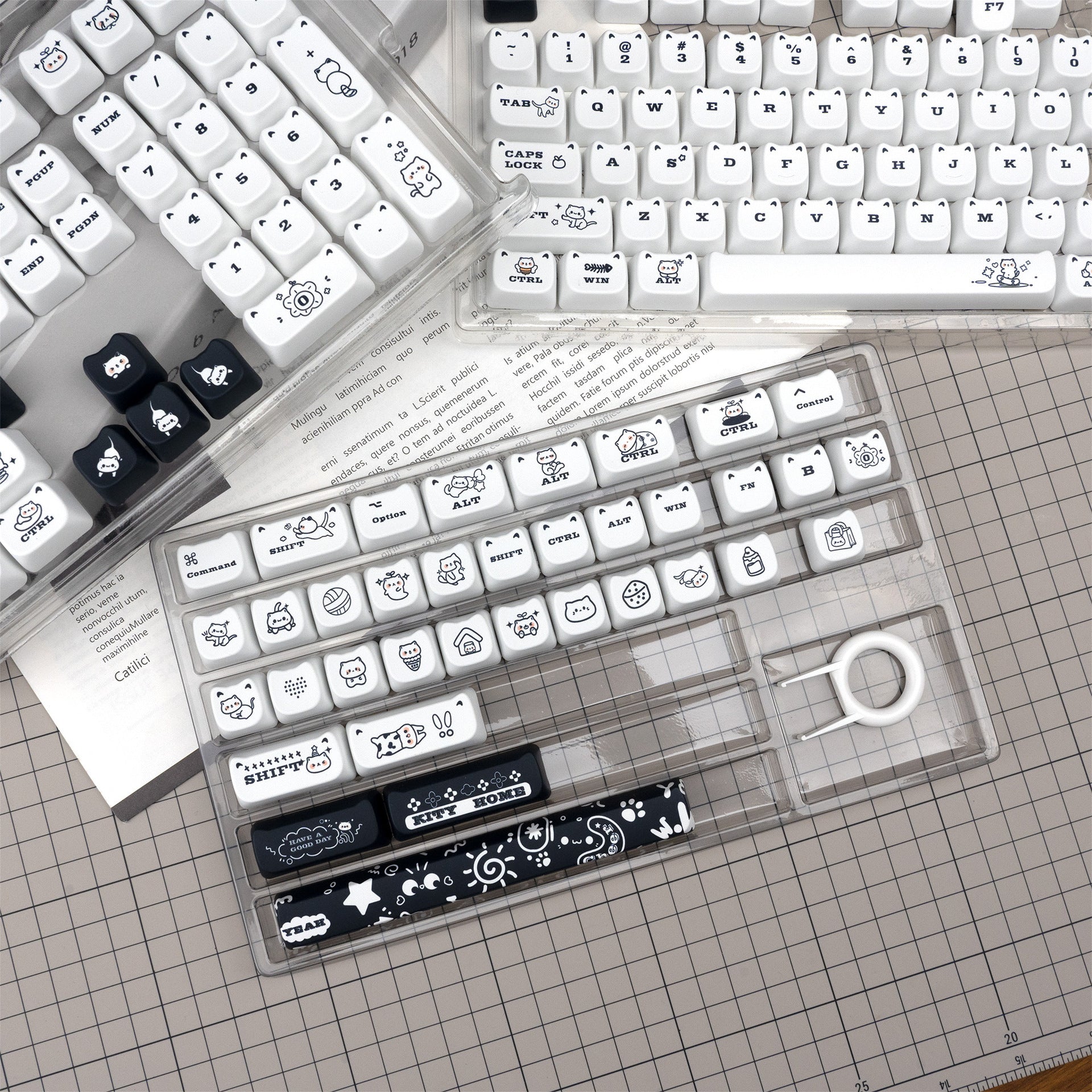 White striped cat keycap set 143 keys for mechanical keyboard