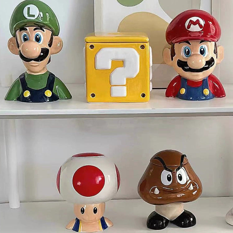 Kawaii Mario Ceramic Storage Jar - Cute Character Face Cookie Container with Lid - Aesthetic Gaming Decor Organizer for Desk - Nostalgic Collectible Jar for Gamer Girls