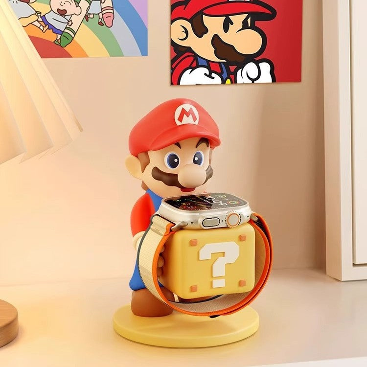 Kawaii Mario Watch Charging Stand - Cute Gaming Character Smartwatch Holder for Apple Watch Desk Organizer - Aesthetic Question Block Display Stand for Gamer Girls