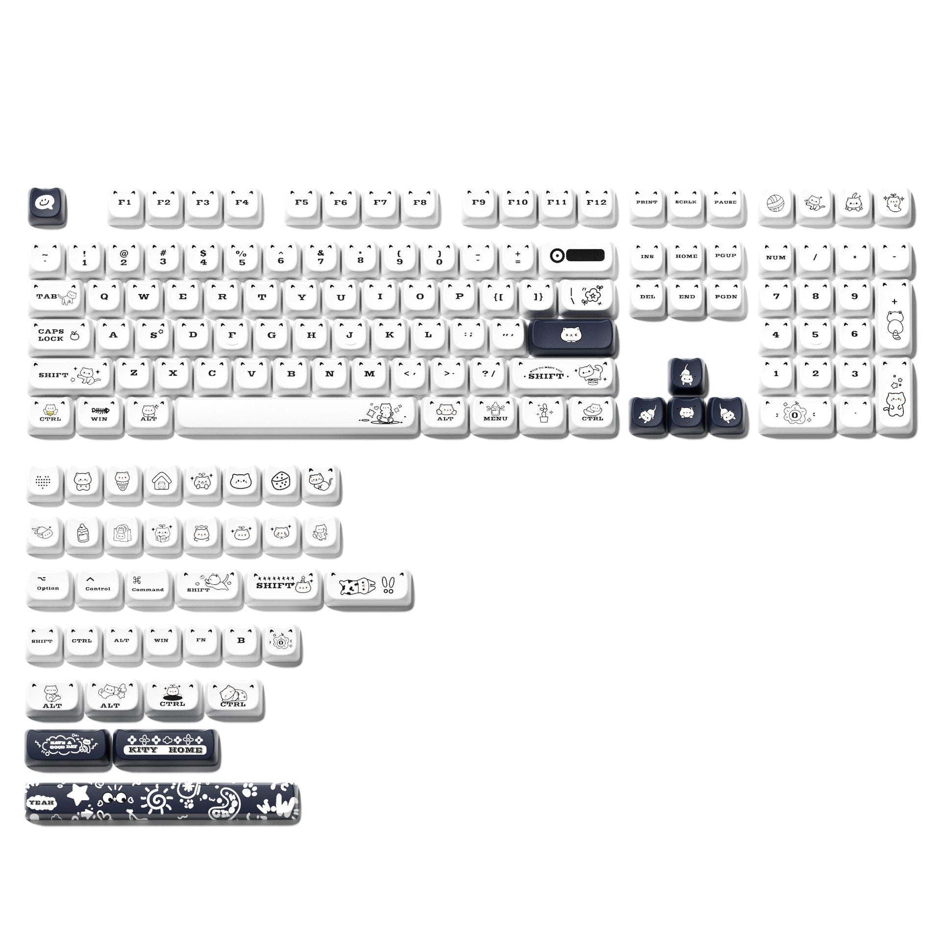 White striped cat keycap set 143 keys for mechanical keyboard