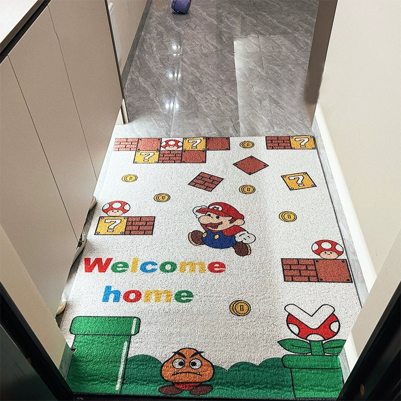 Kawaii Mario Jumping Scene Floor Rug - Cute Wire Loop Pile Entrance Mat with Brick Blocks - Aesthetic Non-Slip Dirt-Resistant Carpet for Gaming Room Bedroom - Indoor Outdoor Mushroom Kingdom Rug for Gamer Girls