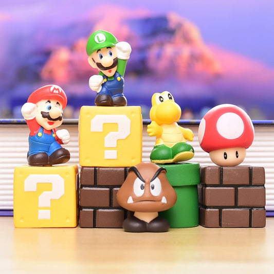 Kawaii Mario Character Figurine & Block Set - Cute Vinyl Doll Collection with Pipe and Bricks - Aesthetic Gaming Desk Decor Display Toys - Handmade Mushroom Kingdom Models for Gamer Girls