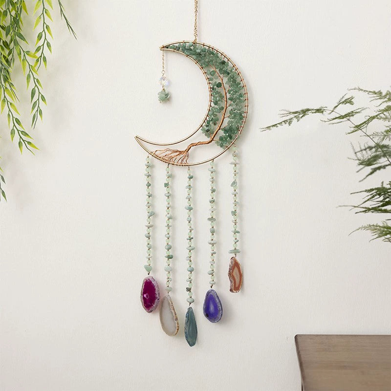 Crystal Moon Dreamcatcher Wind Chime - Kawaii Crescent Sun Catcher with Natural Stone Agate - Boho Wall Hanging for Gaming Room Bedroom - Aesthetic Window Decor for Gamer Girls