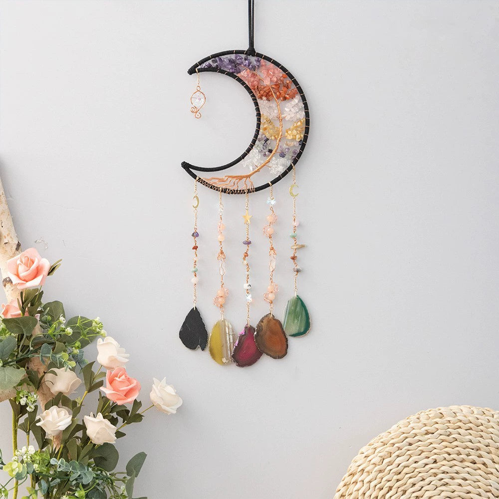 Crystal Moon Dreamcatcher Wind Chime - Kawaii Crescent Sun Catcher with Natural Stone Agate - Boho Wall Hanging for Gaming Room Bedroom - Aesthetic Window Decor for Gamer Girls