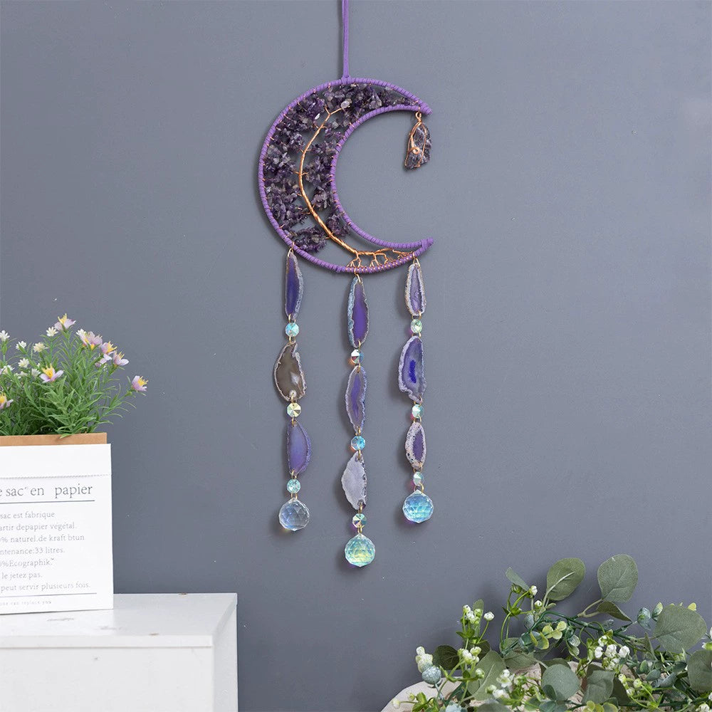 Crystal Moon Dreamcatcher Wind Chime - Kawaii Crescent Sun Catcher with Natural Stone Agate - Boho Wall Hanging for Gaming Room Bedroom - Aesthetic Window Decor for Gamer Girls