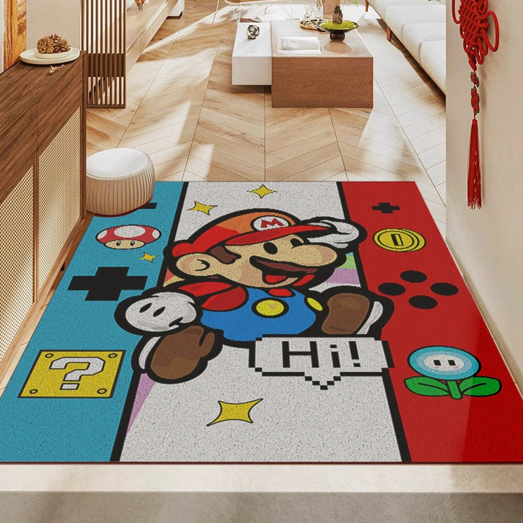 Kawaii Mario Jumping Scene Floor Rug - Cute Wire Loop Pile Entrance Mat with Brick Blocks - Aesthetic Non-Slip Dirt-Resistant Carpet for Gaming Room Bedroom - Indoor Outdoor Mushroom Kingdom Rug for Gamer Girls