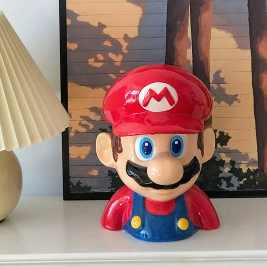 Kawaii Mario Ceramic Storage Jar - Cute Character Face Cookie Container with Lid - Aesthetic Gaming Decor Organizer for Desk - Nostalgic Collectible Jar for Gamer Girls