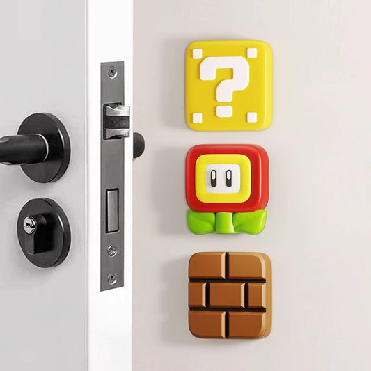 Kawaii Mario Door Bumper Set - Cute Question Block Wall Protection Cushion for Gaming Room - Aesthetic Door Stopper Handle Guard for Gamer Girls - 3 Piece Brick Power Flower Decor