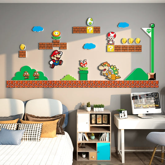 Kawaii Mario 3D Wall Decals Set - Cute PVC Foam Board Game Level Scene Stickers - Aesthetic Gaming Room Decor for Kids Bedroom - Removable Mushroom Kingdom Wall Art for Gamer Girls