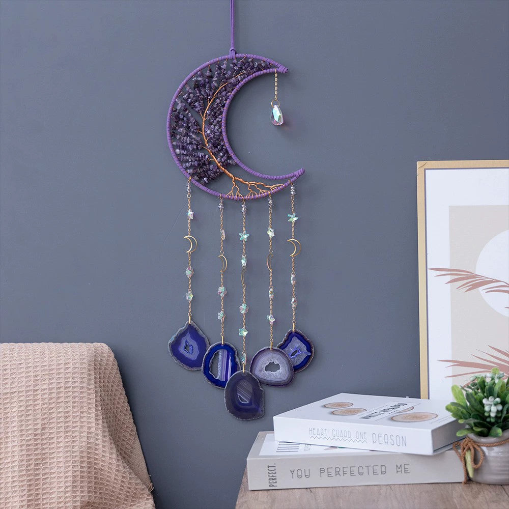 Crystal Moon Dreamcatcher Wind Chime - Kawaii Crescent Sun Catcher with Natural Stone Agate - Boho Wall Hanging for Gaming Room Bedroom - Aesthetic Window Decor for Gamer Girls