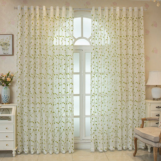 Pastoral Green Leaf Embroidered Curtains  Semi-Blackout, Mosquito-Proof Sheer Drapes for Living Room & Balcony