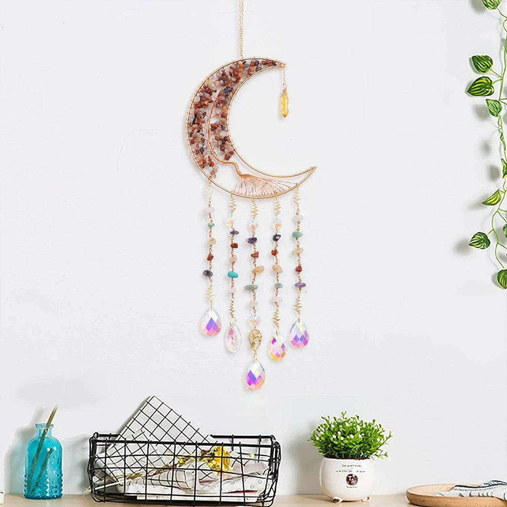 Crystal Moon Dreamcatcher Wind Chime - Kawaii Crescent Sun Catcher with Natural Stone Agate - Boho Wall Hanging for Gaming Room Bedroom - Aesthetic Window Decor for Gamer Girls