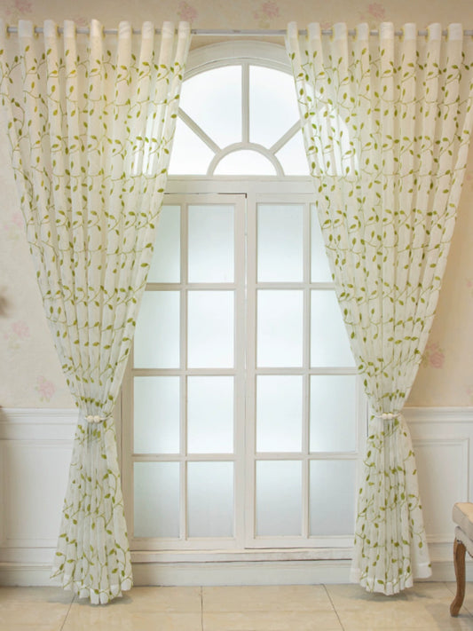 Pastoral Green Leaf Embroidered Curtains  Semi-Blackout, Mosquito-Proof Sheer Drapes for Living Room & Balcony