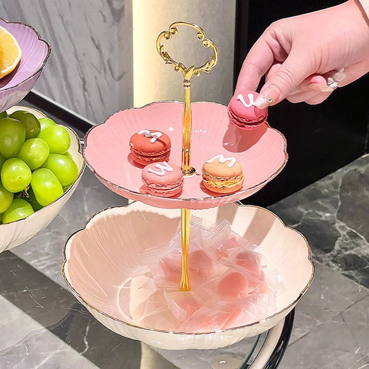 Kawaii Pink Gold Two-Tier Cake Stand - Cute Multi-Layer Dessert Plate with Gold Handle - Aesthetic Fruit Snack Display Tray for Wedding Birthday Party - High-End Candy Holder for Gamer Girls