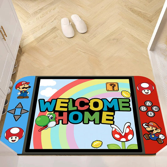 Kawaii Mario Switch Welcome Home Door Mat - Cute PVC Entrance Rug with Joy-Con Design - Aesthetic Non-Slip Waterproof Doormat for Gaming Room Bedroom - Easy Clean Rainbow Mario Carpet for Gamer Girls