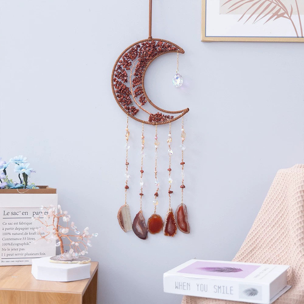 Crystal Moon Dreamcatcher Wind Chime - Kawaii Crescent Sun Catcher with Natural Stone Agate - Boho Wall Hanging for Gaming Room Bedroom - Aesthetic Window Decor for Gamer Girls