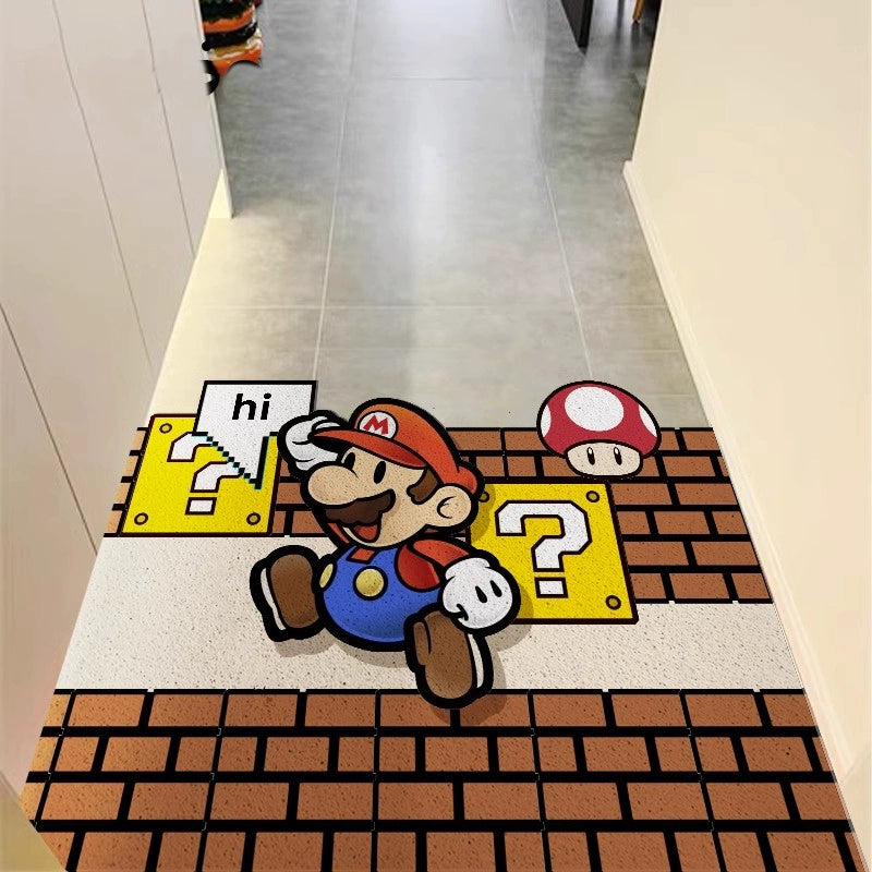 Kawaii Mario Jumping Scene Floor Rug - Cute Wire Loop Pile Entrance Mat with Brick Blocks - Aesthetic Non-Slip Dirt-Resistant Carpet for Gaming Room Bedroom - Indoor Outdoor Mushroom Kingdom Rug for Gamer Girls
