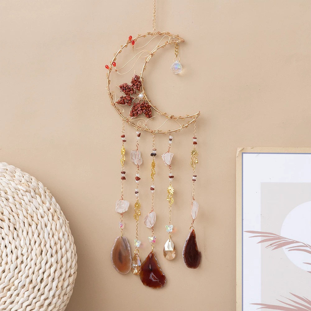 Crystal Moon Dreamcatcher Wind Chime - Kawaii Crescent Sun Catcher with Natural Stone Agate - Boho Wall Hanging for Gaming Room Bedroom - Aesthetic Window Decor for Gamer Girls