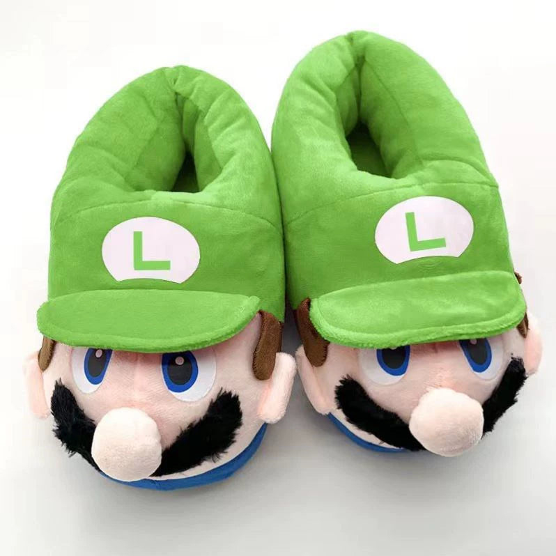 Kawaii Mario Face Slippers - Cute Character Plush House Shoes Red or Green - Cozy Winter Cotton Slippers for Gaming Room - Aesthetic Couple Bedroom Slippers for Gamer Girls