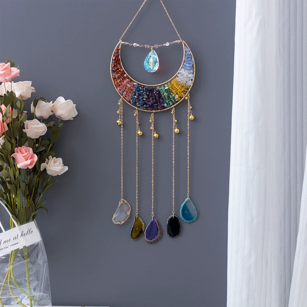 Crystal Moon Dreamcatcher Wind Chime - Kawaii Crescent Sun Catcher with Natural Stone Agate - Boho Wall Hanging for Gaming Room Bedroom - Aesthetic Window Decor for Gamer Girls
