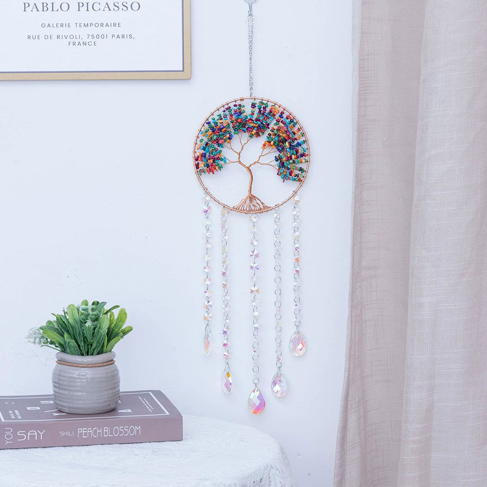 Crystal Moon Dreamcatcher Wind Chime - Kawaii Crescent Sun Catcher with Natural Stone Agate - Boho Wall Hanging for Gaming Room Bedroom - Aesthetic Window Decor for Gamer Girls