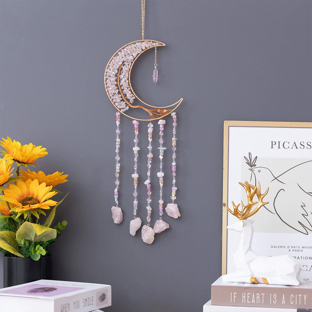 Crystal Moon Dreamcatcher Wind Chime - Kawaii Crescent Sun Catcher with Natural Stone Agate - Boho Wall Hanging for Gaming Room Bedroom - Aesthetic Window Decor for Gamer Girls