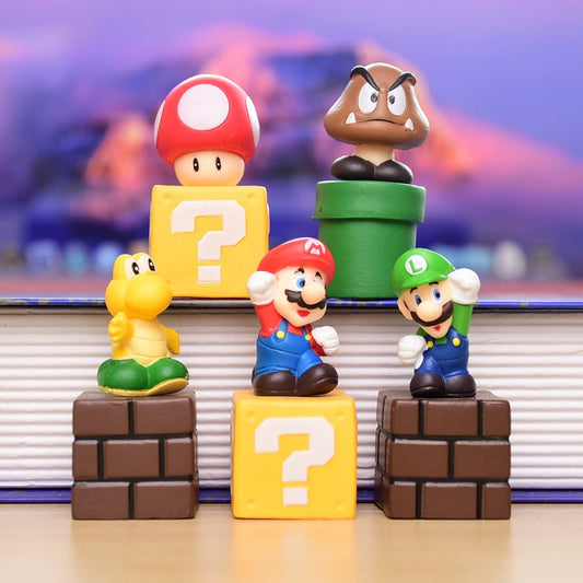 Kawaii Mario Character Figurine & Block Set - Cute Vinyl Doll Collection with Pipe and Bricks - Aesthetic Gaming Desk Decor Display Toys - Handmade Mushroom Kingdom Models for Gamer Girls