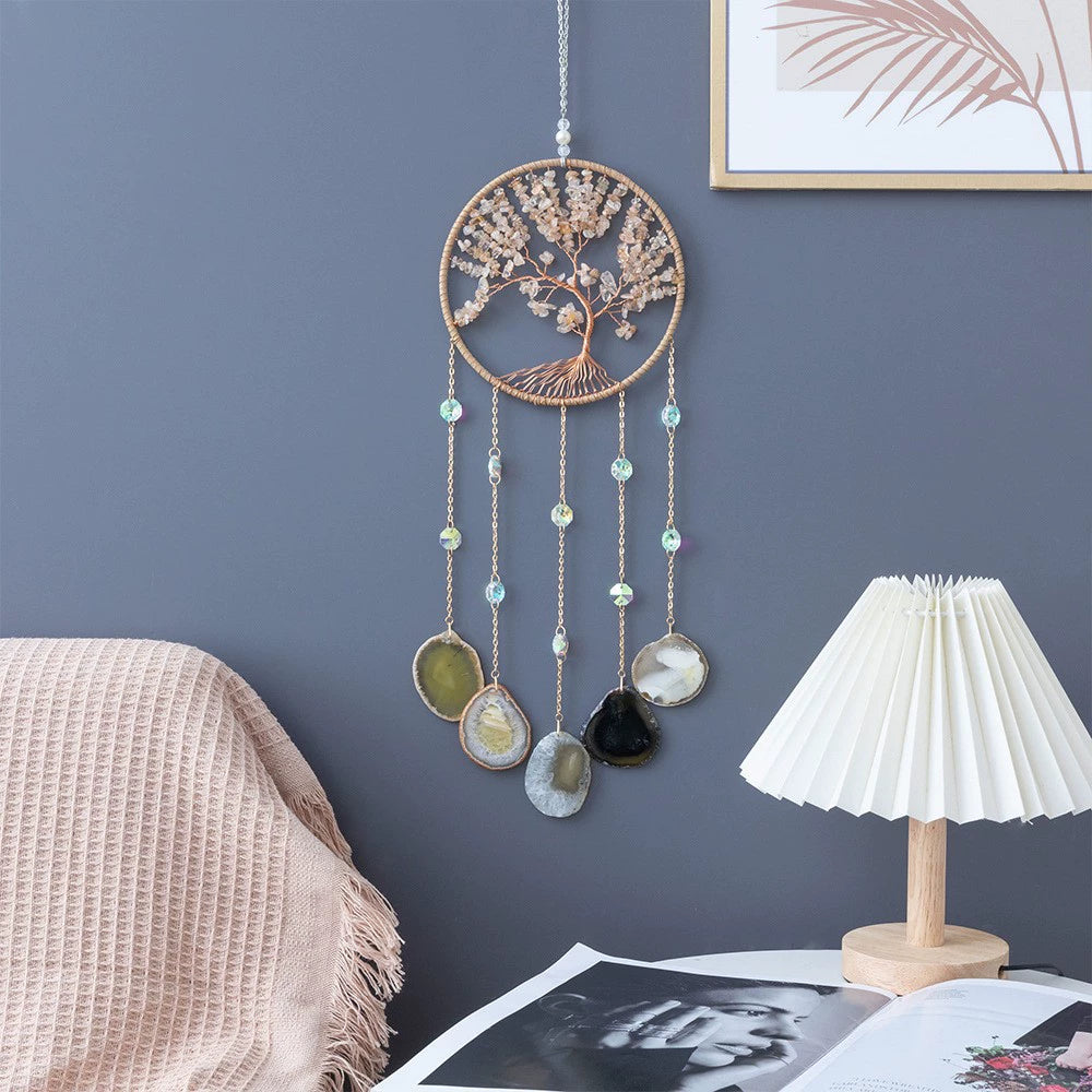 Crystal Moon Dreamcatcher Wind Chime - Kawaii Crescent Sun Catcher with Natural Stone Agate - Boho Wall Hanging for Gaming Room Bedroom - Aesthetic Window Decor for Gamer Girls