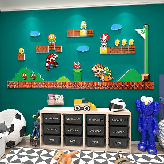 Kawaii Mario 3D Wall Decals Set - Cute PVC Foam Board Game Level Scene Stickers - Aesthetic Gaming Room Decor for Kids Bedroom - Removable Mushroom Kingdom Wall Art for Gamer Girls