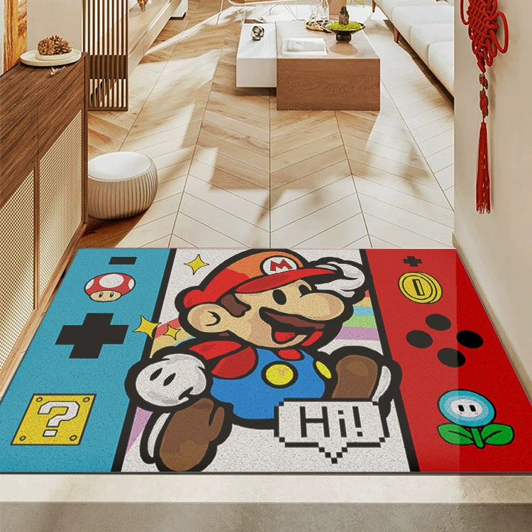 Kawaii Mario Jumping Scene Floor Rug - Cute Wire Loop Pile Entrance Mat with Brick Blocks - Aesthetic Non-Slip Dirt-Resistant Carpet for Gaming Room Bedroom - Indoor Outdoor Mushroom Kingdom Rug for Gamer Girls