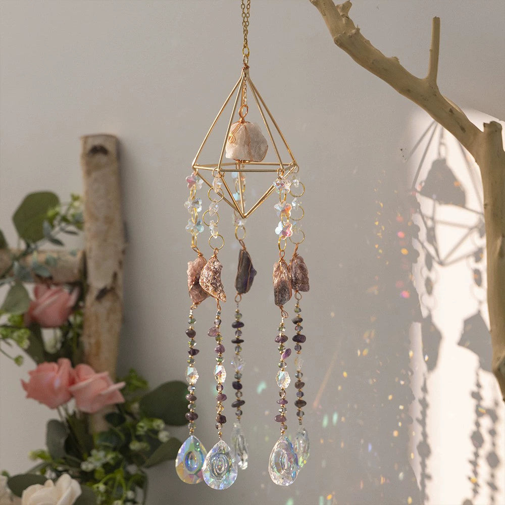 Crystal Moon Dreamcatcher Wind Chime - Kawaii Crescent Sun Catcher with Natural Stone Agate - Boho Wall Hanging for Gaming Room Bedroom - Aesthetic Window Decor for Gamer Girls